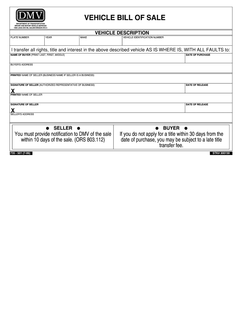 Oregon Dmv Bill of Sale  Form