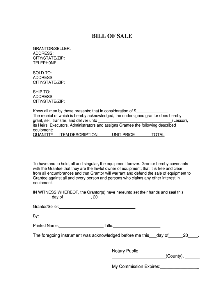 Bill of Sale for Equipment  Form