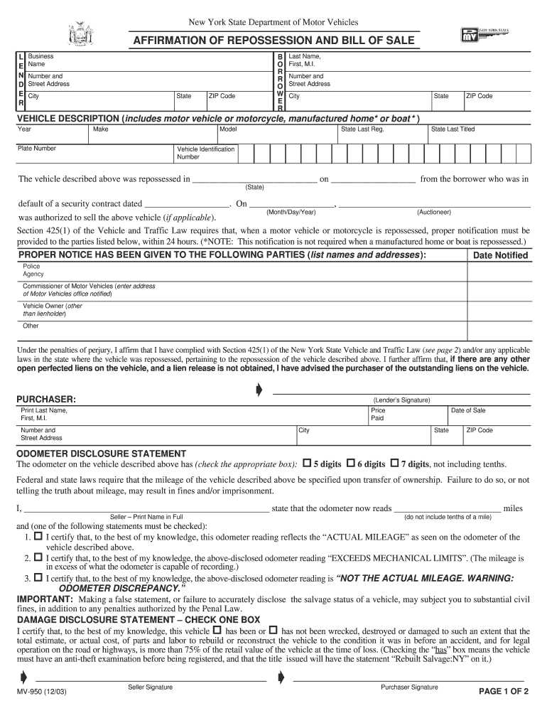  Bill of Sale Form Illinois Affidavit of Repossession Templates 2003