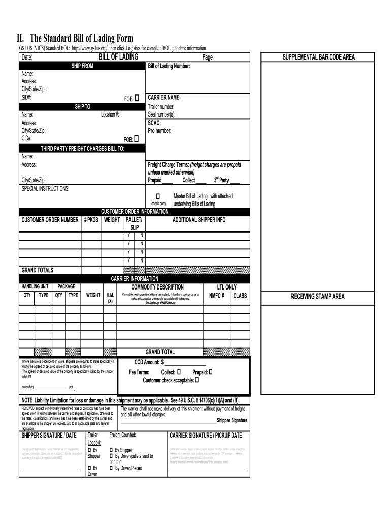 Standard Bill of Lading  Form