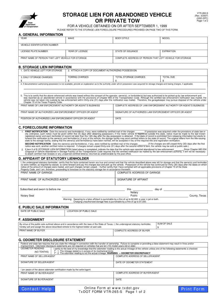  Vehicle 180 Tow Form 2007