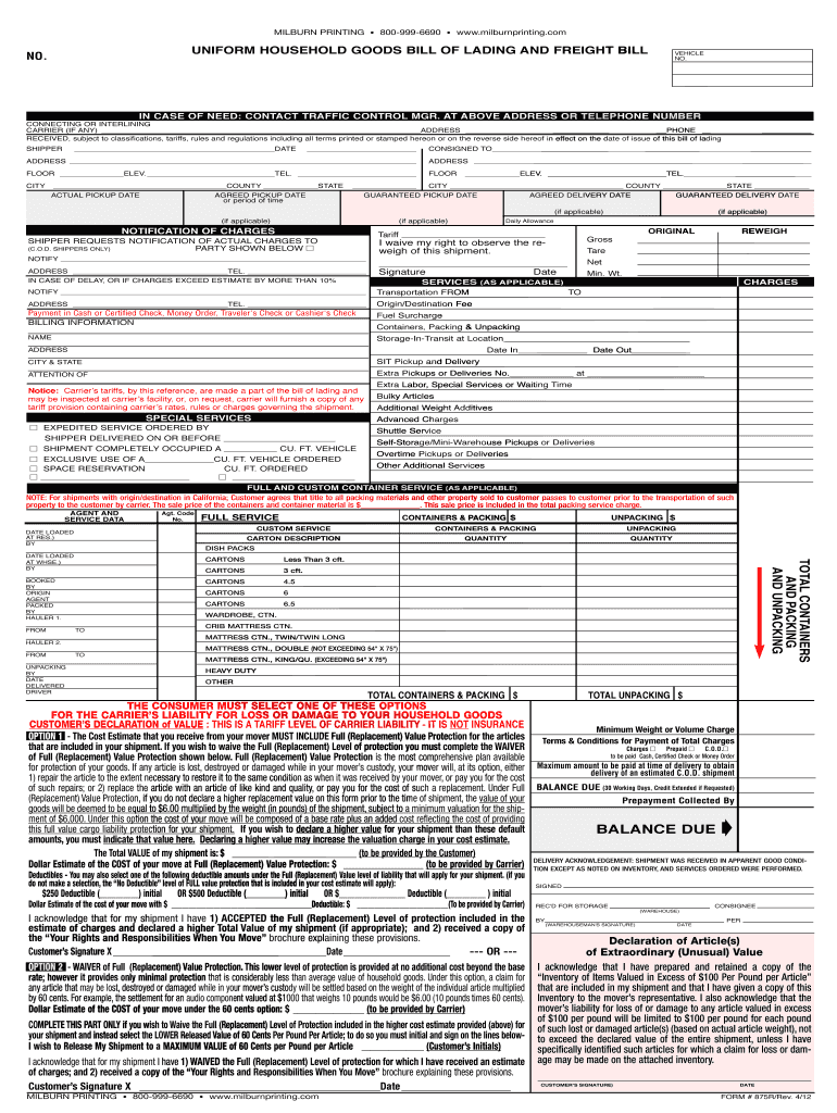  Household Goods Bill of Lading Forms 2012-2024