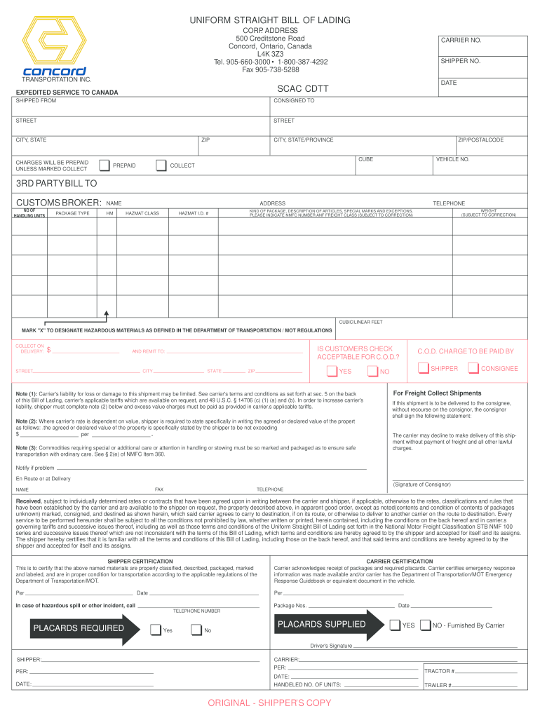 Fedex Uniform Straight Bill of Lading