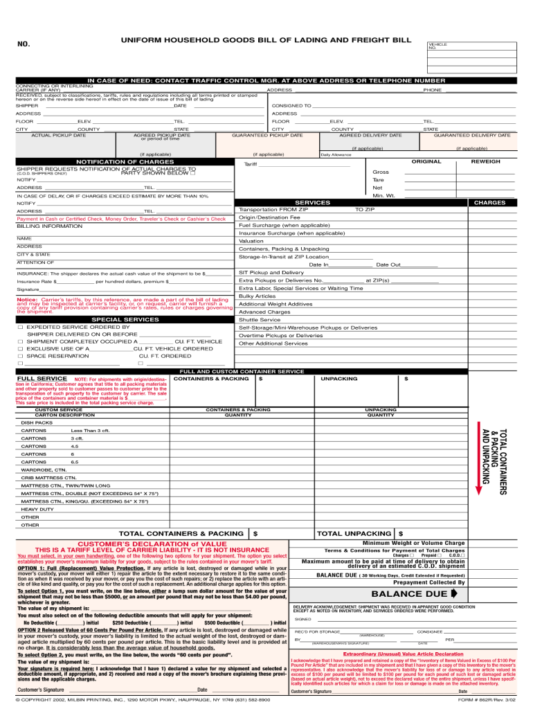  Uniform Household Goods Bill of Lading and Freight Bill 2002-2024