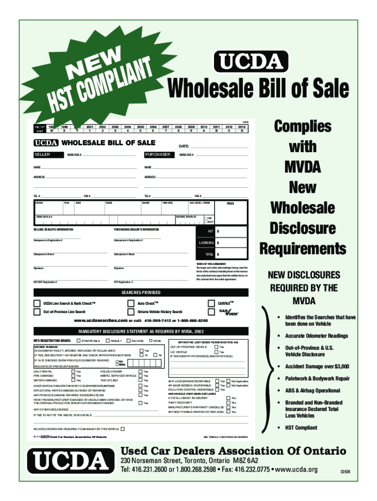 Ucda Wholesale Bill of Sale  Form