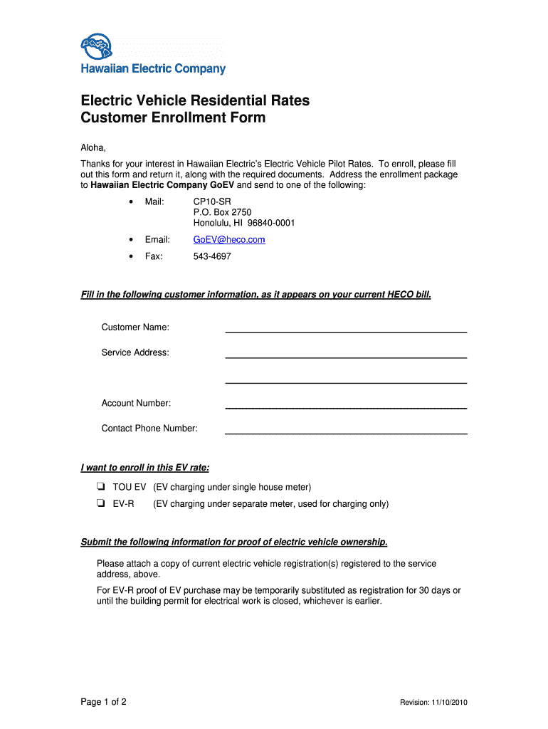 Electric Vehicle Residential Rates Customer Enrollment Form  Renewablehawaii