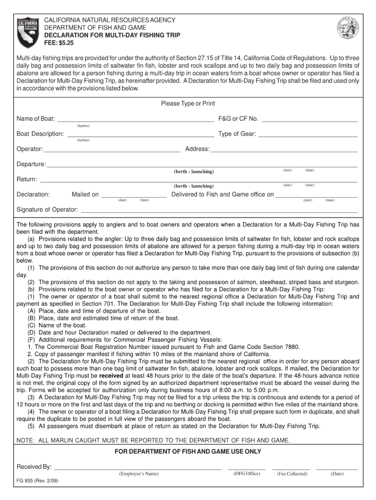  Declaration for Multi Day Fishing Trip Form 2009