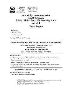Literacy Level 1 Test Paper and Answers  Form