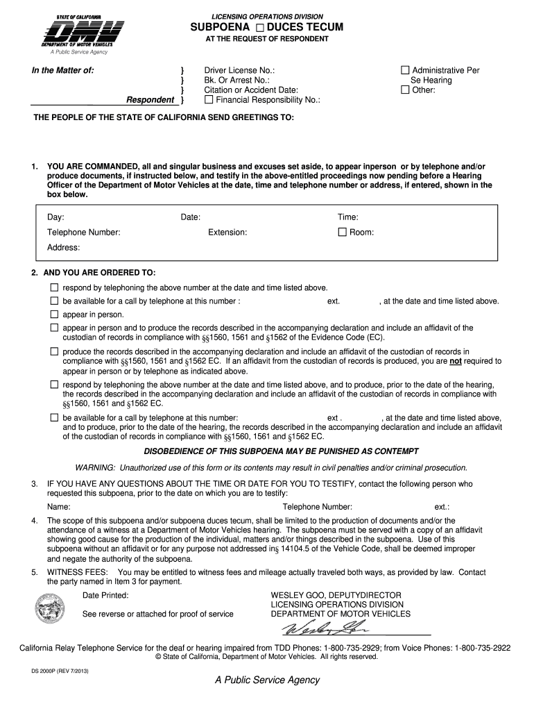  Subpoena Form Ds 2000p 2007