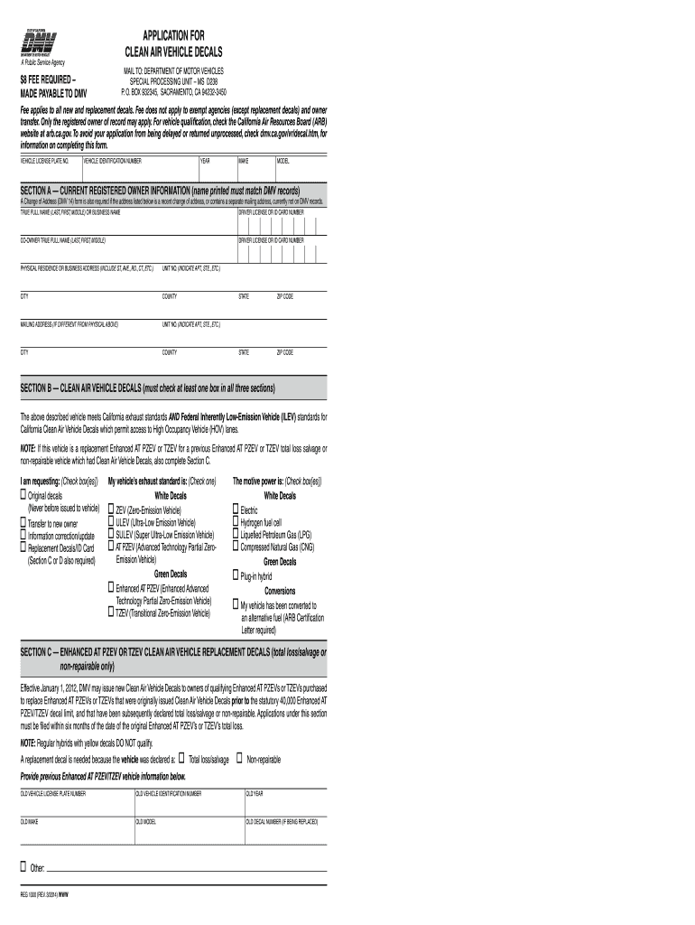 Application for Clean Air Vehicle Decals  Form