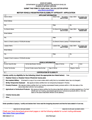 Florida Motor Registration Affidavit  Form