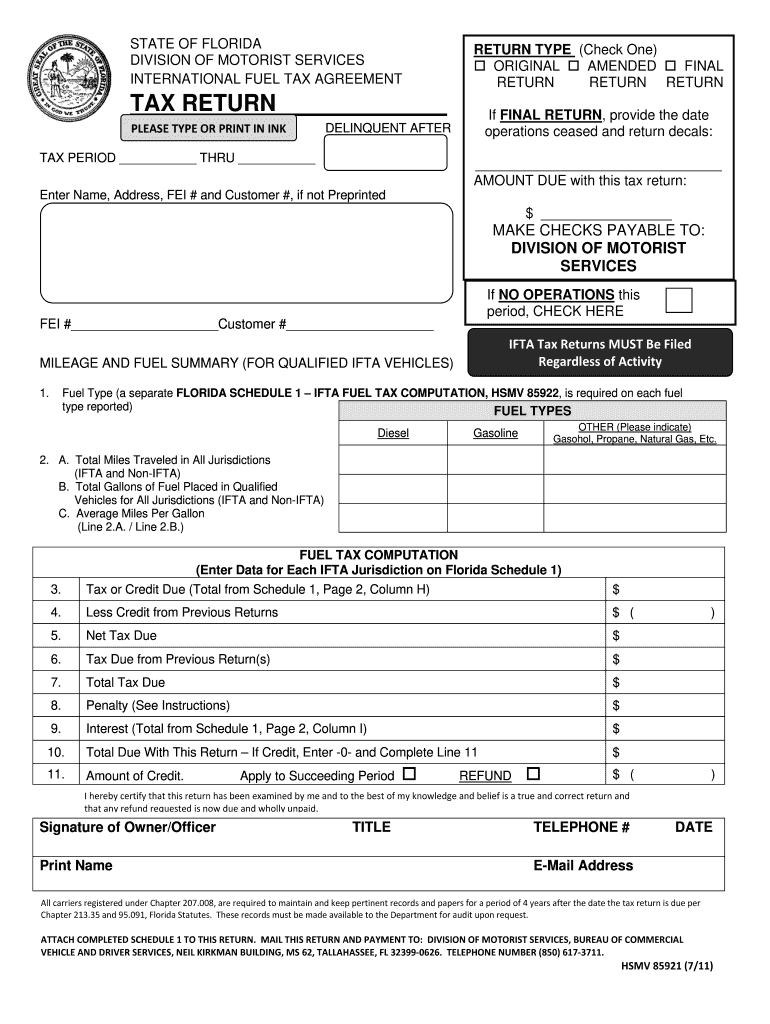  Florida Return Form 2011-2024