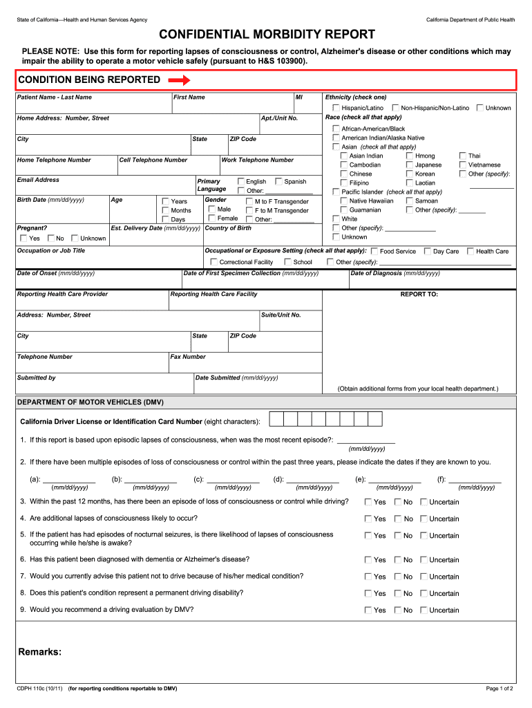 Confidential Morbidity Report Dmv California Fax Number  Form