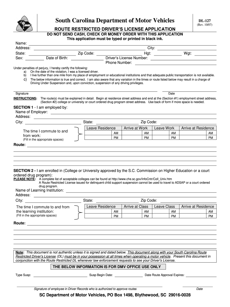  Sc Dmv Dl 127 2007-2024