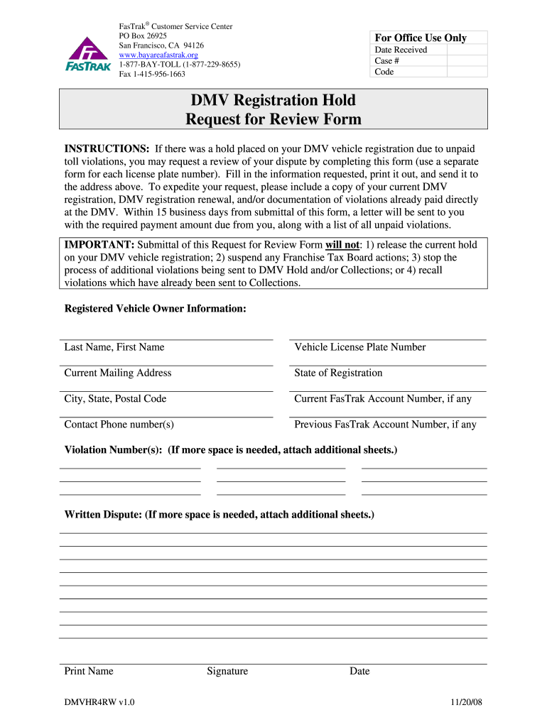  Dmv Form for Fastrak Hold 2008-2024