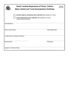 Motor Vehicle Demonstration Certificate Form