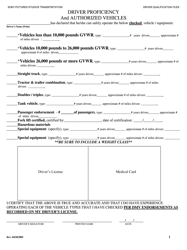  Driver Proficiency Form 2005-2024