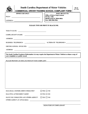 COMMERCIAL DRIVER TRAINING SCHOOL COMPLAINT FORM