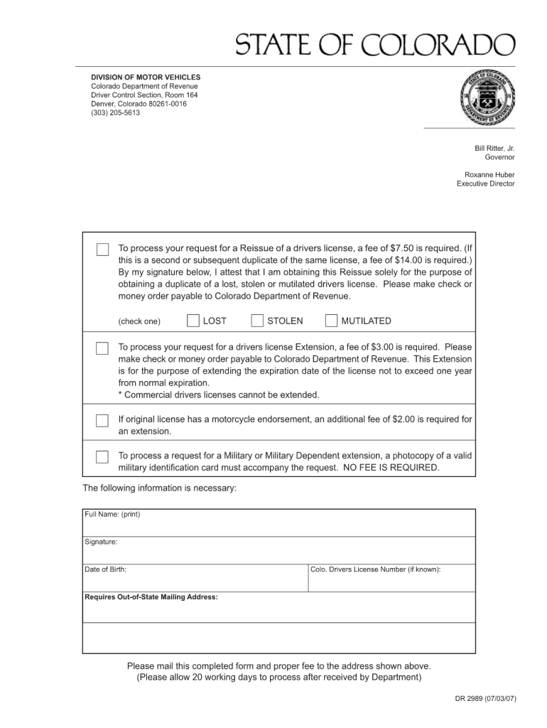  Replace Lost Colorado Drivers License Form 2007