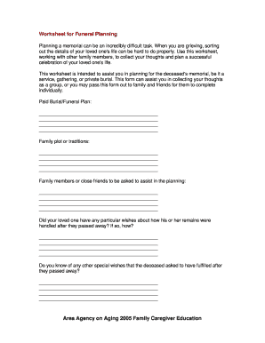 Printable Funeral Pre Planning Worksheet  Form
