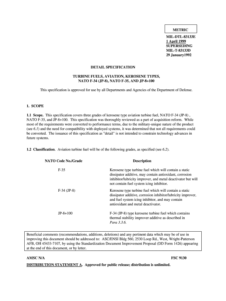 METRIC MIL DTL 83133E 1 April SUPERSEDING MIL T 83133D 29 January1992 DETAIL SPECIFICATION TURBINE FUELS, AVIATION, KEROSEN  Form