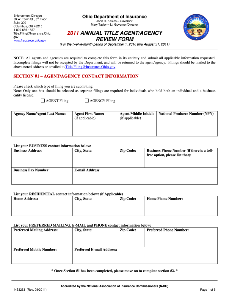 Ohio Department of Insurance Annual Title Agent Review Form