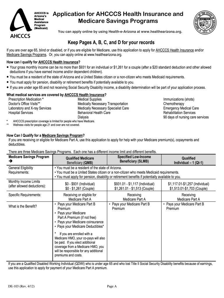  Application for Ahcccs Health Insurance and Medicare Savings Program Fillable Form 2012