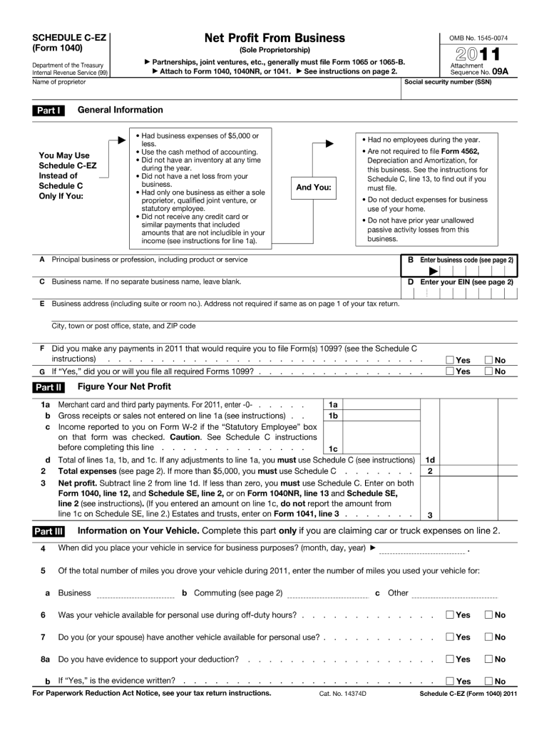  Fillable 1040 Schedule C Ez Form 2011