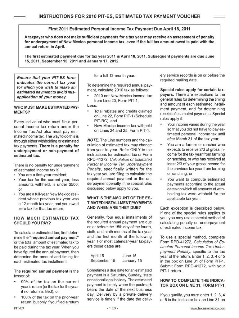 INSTRUCTIONS for PIT ES , ESTIMATED TAX PAYMENT Tax Newmexico  Form