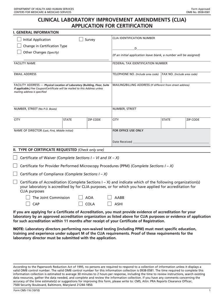 Clia Application Form 0938 0581
