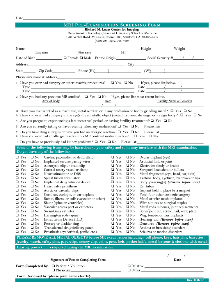 Stanford Patient Form for Pre Gamma Knife Surgery