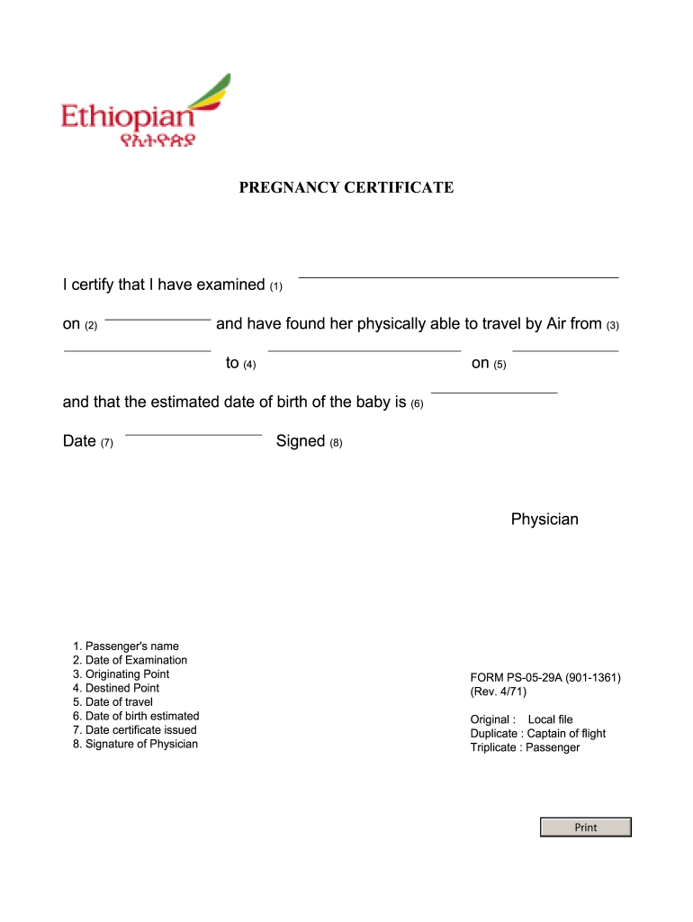  Fit to Fly Certificate Pregnancy Sample 1971-2024