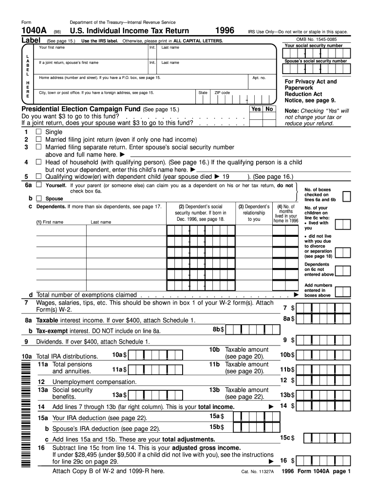 Form Department of the Treasury Internal Revenue Service 98 1040A Label L a B E L H E R E U