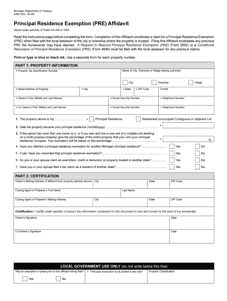 Michigan Pre Affidavit Form