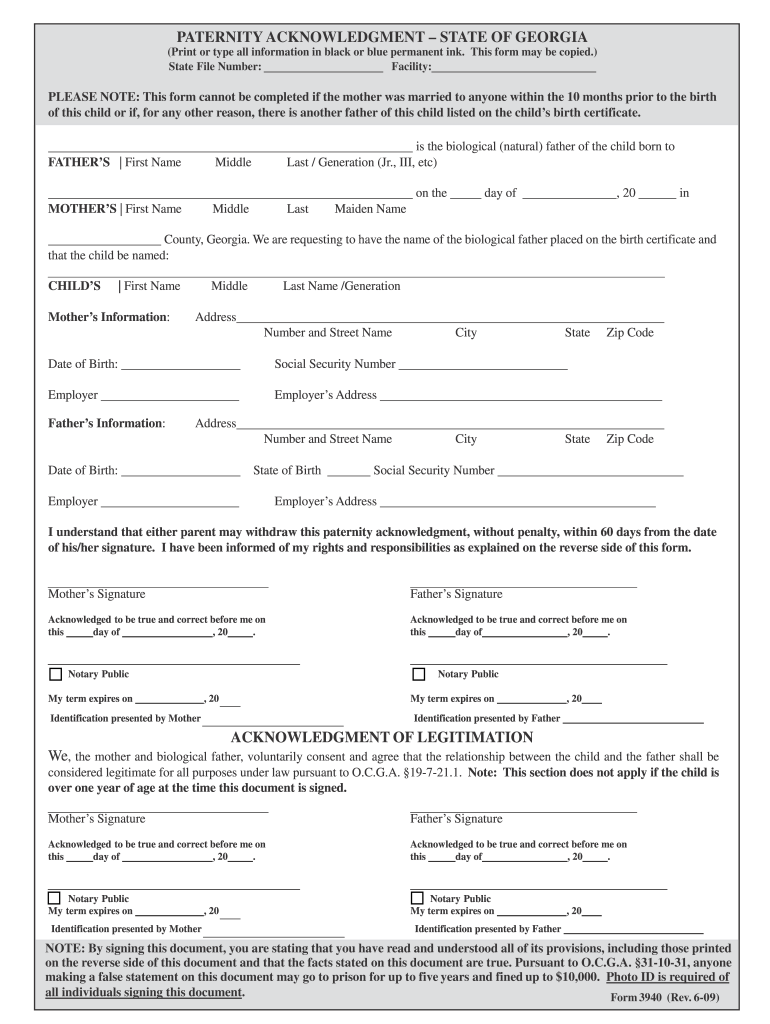 Paternity Acknowledgement Form Ga