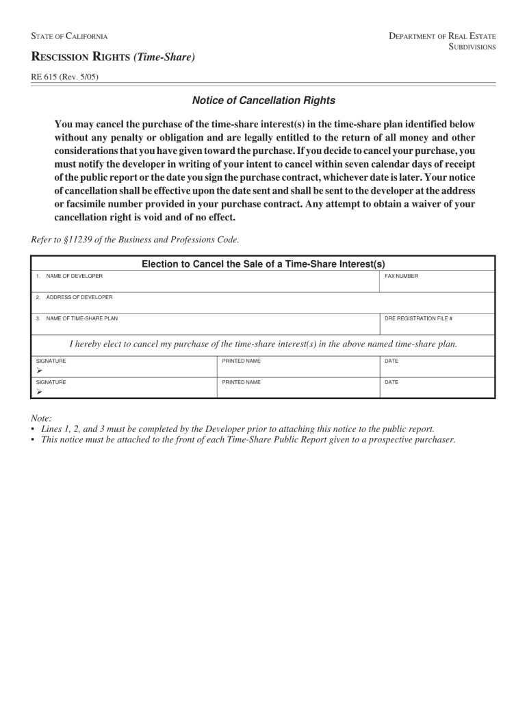  Notice of Cancellation Rights Timeshare California Form 2005