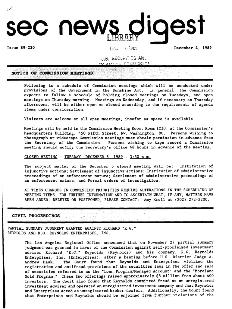 SEC News Digest, 12 04 1989 a Brief Summary of Financial Proposals Filed with and Actions by the SEC  Sec  Form