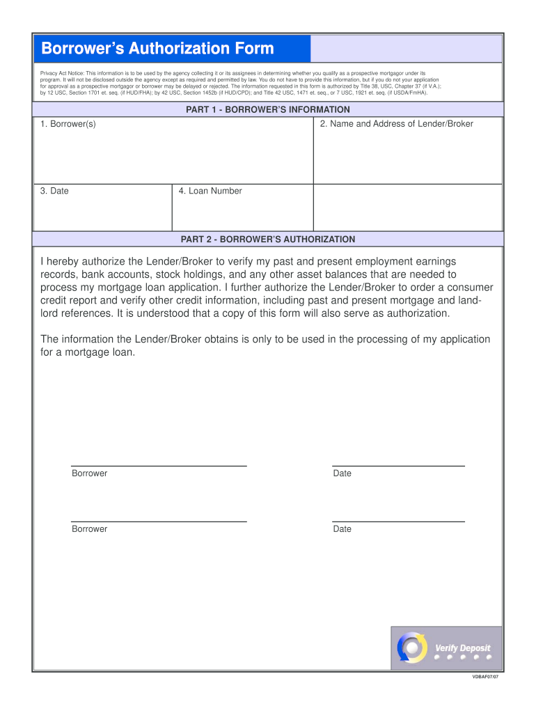  Borrowers Authorization Forms Fillable 2007-2024