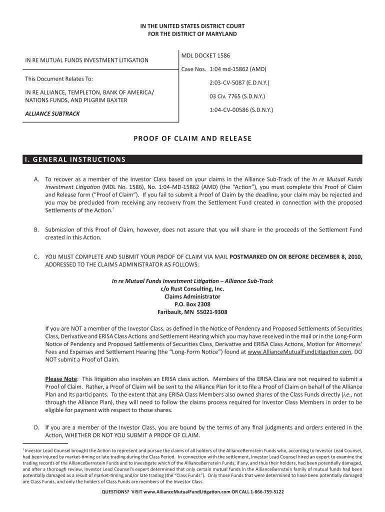 PROOF of CLAIM and RELEASE I GENERAL INSTRUCTIONS  Form
