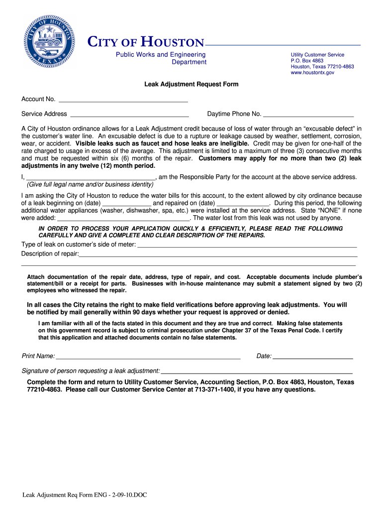  City of Houston Water Leak Adjustment Form 2010-2024