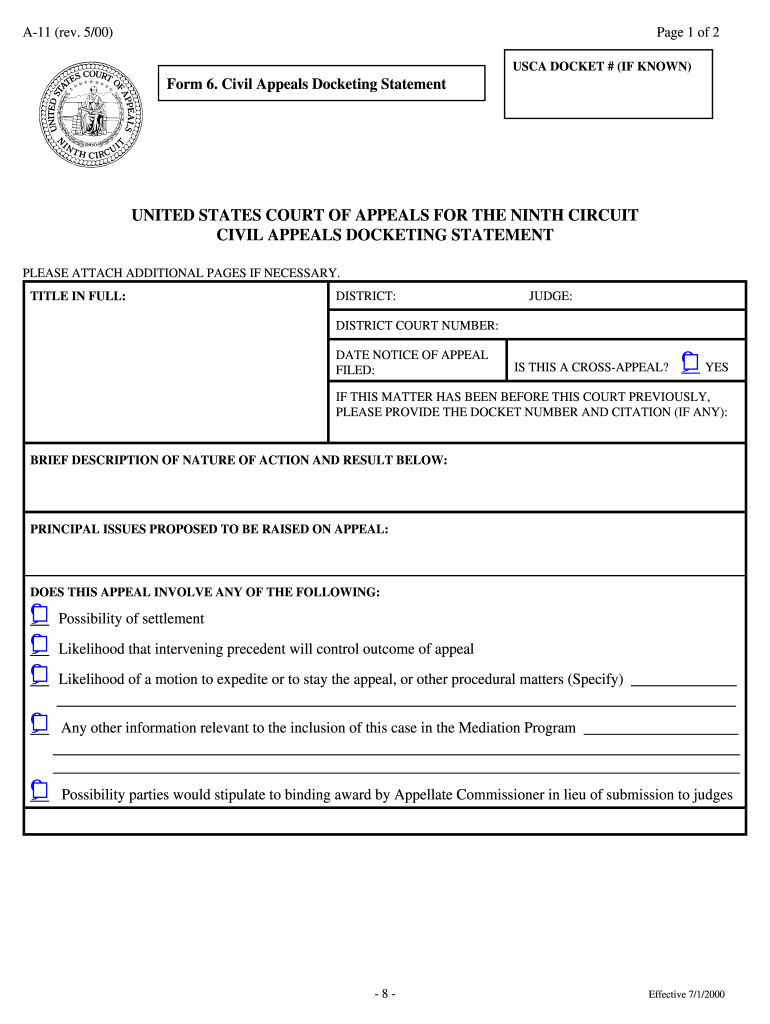  U S Ninth Circuit Court Fillable Notice of Appeal Form 2000-2024