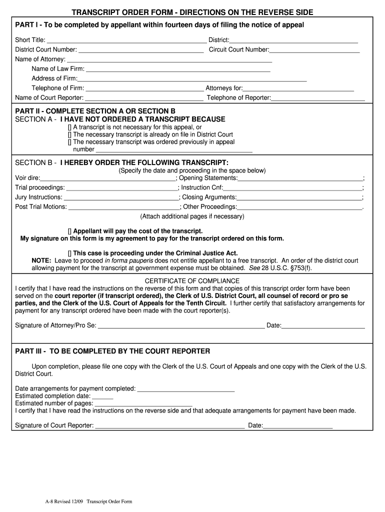 TRANSCRIPT ORDER FORM  DIRECTIONS on the REVERSE SIDE  Nmcourt Fed