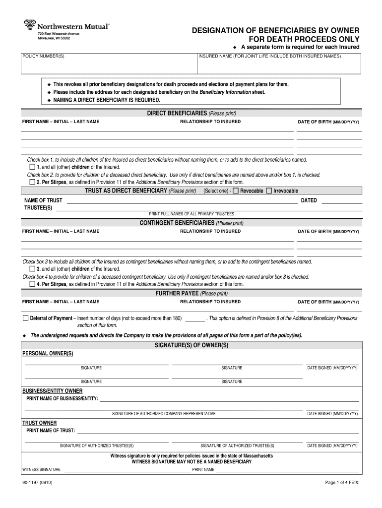  Northwestern Mutual Change of Beneficiary Form 2010-2023