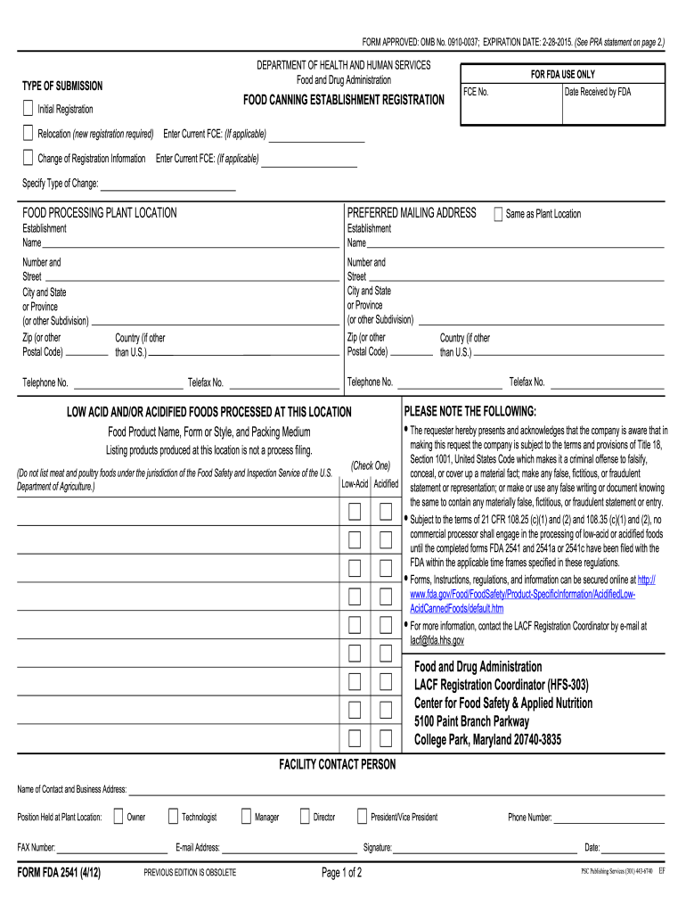  Fda Form 2541 Fillable 2012