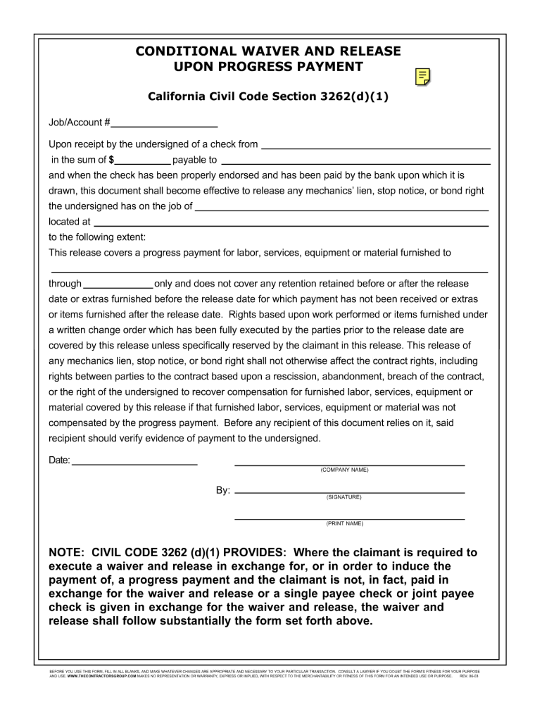  Conditional Lien Release Form 2003