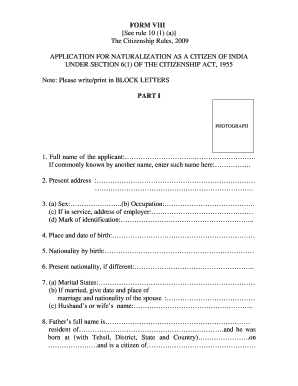 Application for Naturalization under Section 61 of the Citizenship Act 1955 Rules Form