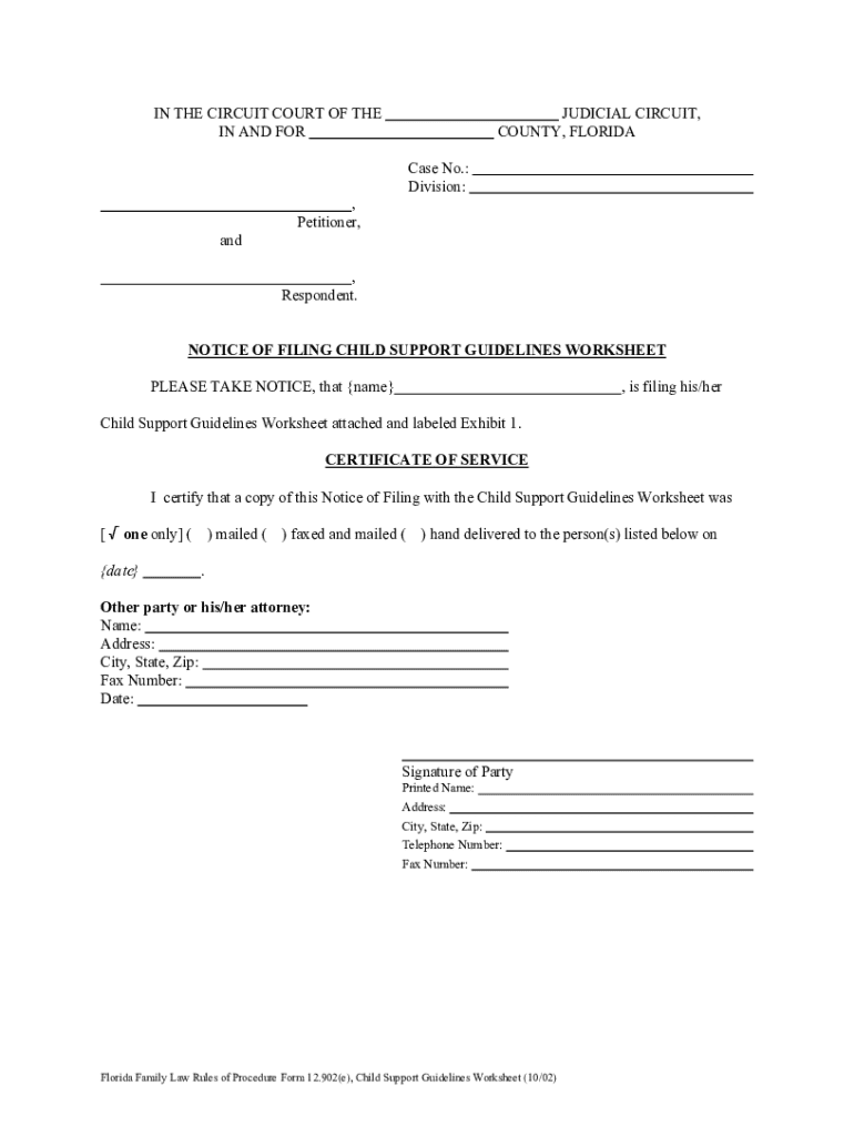  Child Support Forms Florida 2002