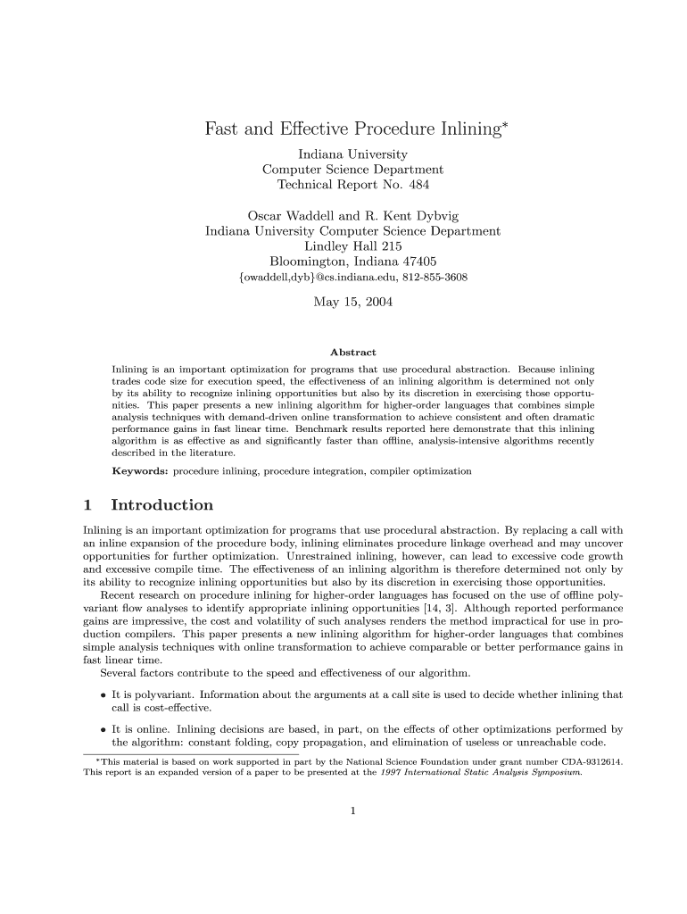 Fast and Effective Procedure Inlining by Oscar Waddell and R Kent Form