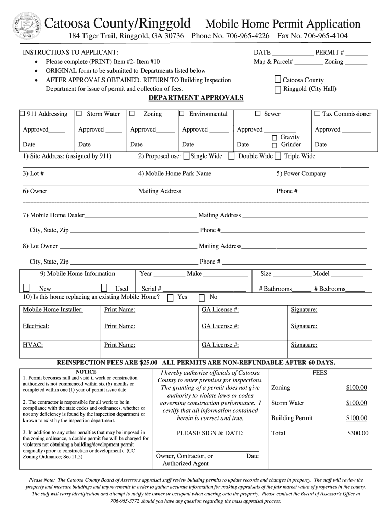 Catoosa CountyRinggold Mobile Home Permit Application  Form