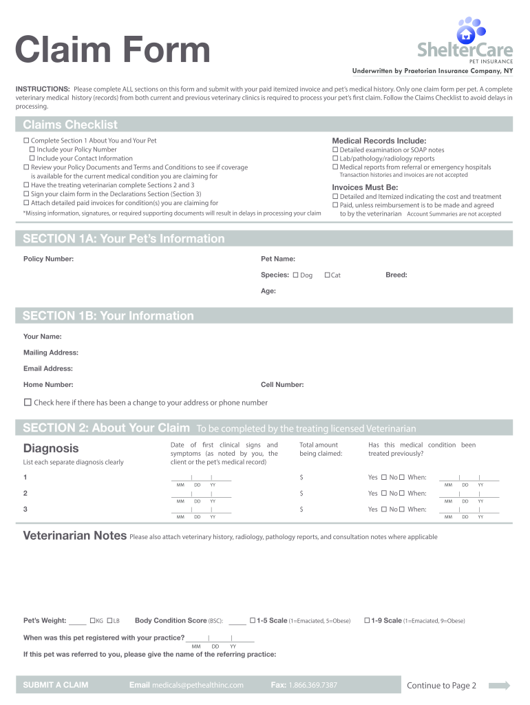 Shelter Care Pet Insurance Claim Form